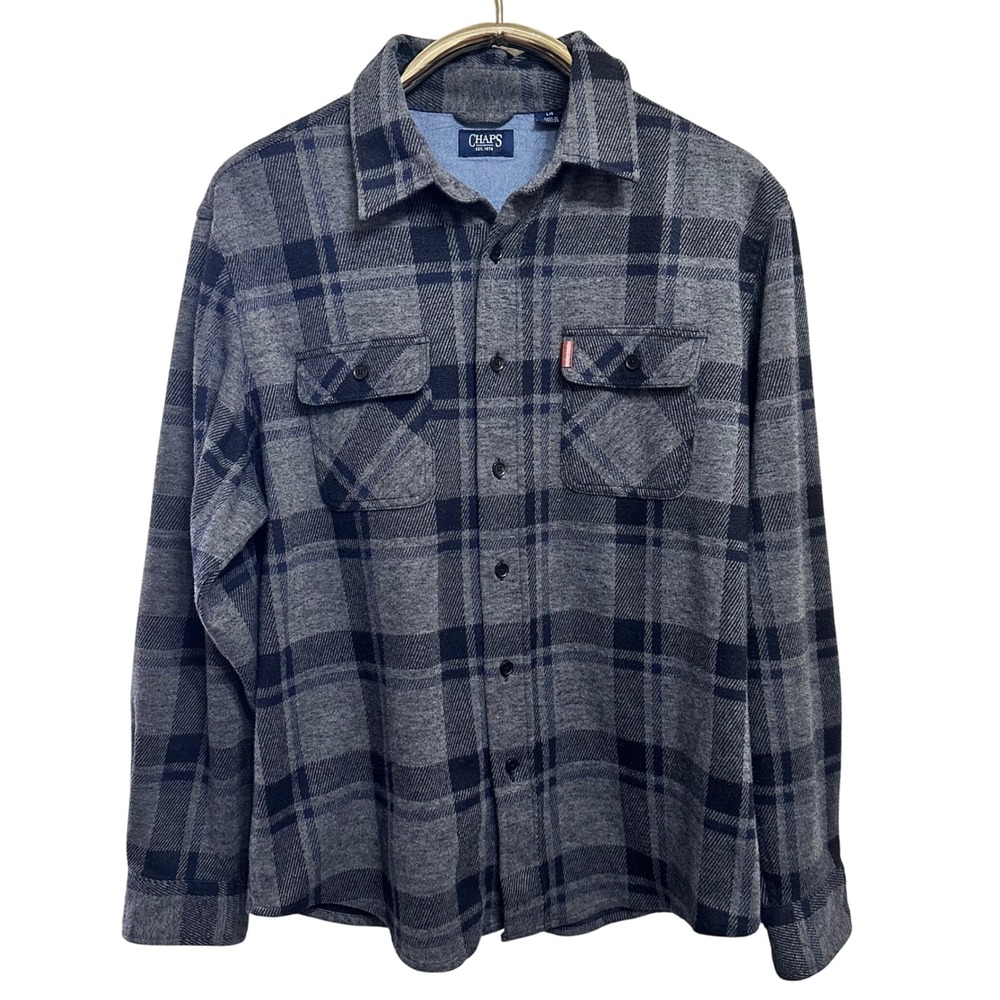 Chaps Mens Flannel Shirt L Gray Black Plaid Long Sleeve Button Up‎ Casual Large